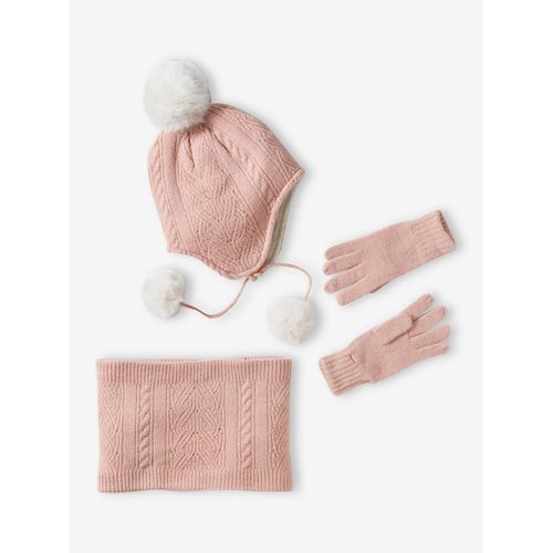 Ensemble Bonnet + Snood + Gants En Maille Rose Poudré