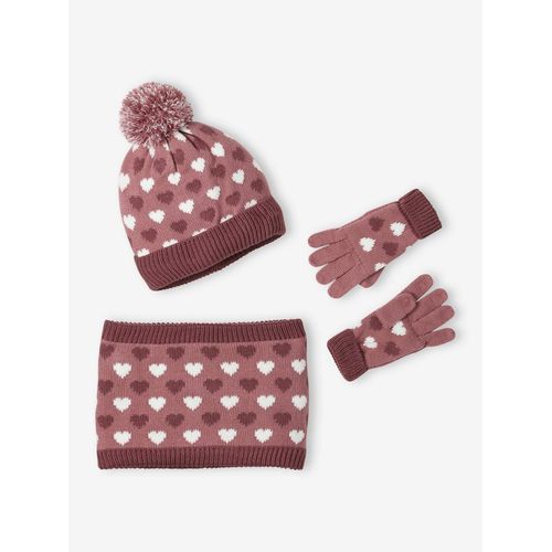 Ensemble Bonnet Snood Et Gants Coeurs Fille Bleu Grisé