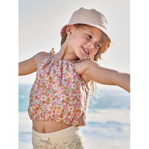 Blouse Cropped Motifs Fleurs Fille Bretelles À Volants Abricot Poudré