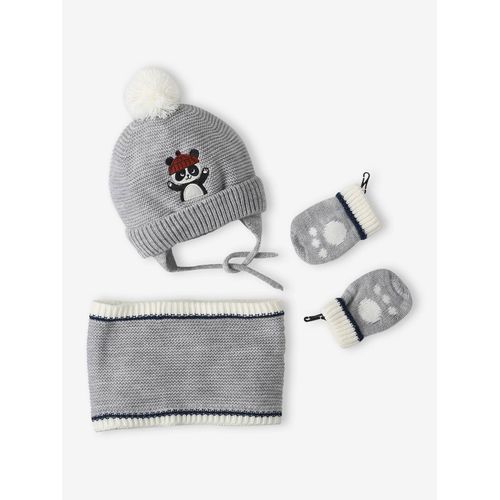 Ensemble Bonnet + Snood + Moufles Panda Bébé Garçon Gris Chiné