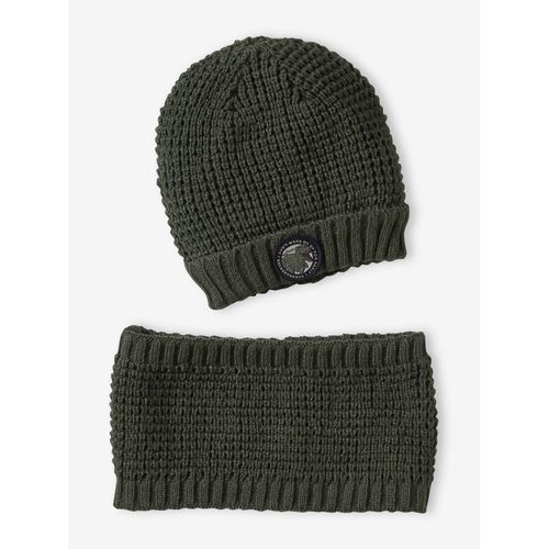 Ensemble Bonnet Badge Dinosaure + Snood Garçon Kaki
