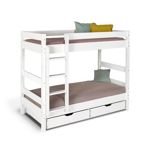 Pack Lit Superposé Séparable Avec Tiroirs Et 2 Matelas Bois Massif Aaron Blanc