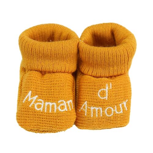 Chaussons Naissance - Message Maman D'amour Moutarde