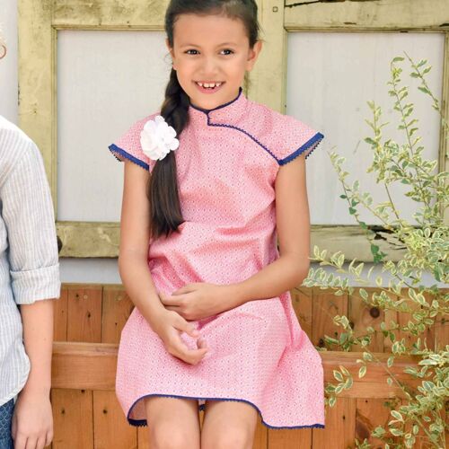 Robe Chinoise Col Mao Annam Rose Foncé Bleu Marine