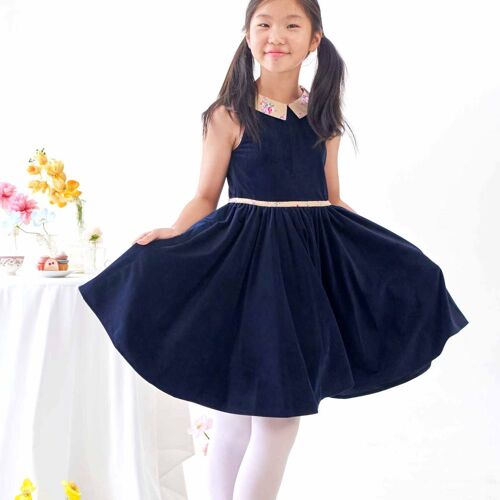 Robe Qui Tourne Velours Col Fleuri Hepburn Bleu Marine Rose