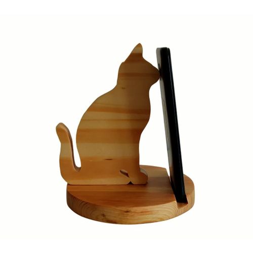 🐱 Support De Téléphone Chat En Bois – Socle Rond Avec Chat Chantournée - Ajouter Une Touche Féline À Votre Intérieur - Porte Téléphone Bois En Mode Chat - Déco Féline