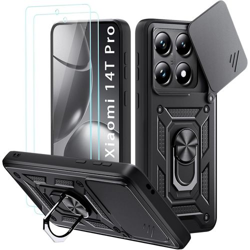 Coque Pour Xiaomi 14t Pro - Armure Pc Militaire Noir, Protection Lentille Coulissante, 2 Verres Trempés, Support Rotatif 360° Et Compatible Support Magnétique