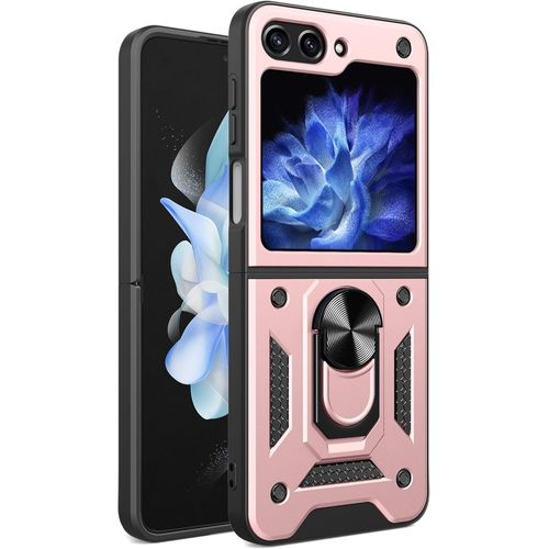 Étui Samsung Galaxy Z Flip6 Or Rose ¿ Coque Antichoc Avec Couvercle Coulissant Pour Lentille, Anneau Pivotant 360° Aimanté Compatible Support Voiture, Attache Pour Dragonne
