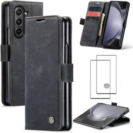 Coque Pour Samsung Galaxy Z Fold5 (5g) ¿ Cuir Pu Noir, Porte¿Cartes, Bumper Tpu, Rabat Magnétique Avec Support Pliable + Verre Trempé Hd
