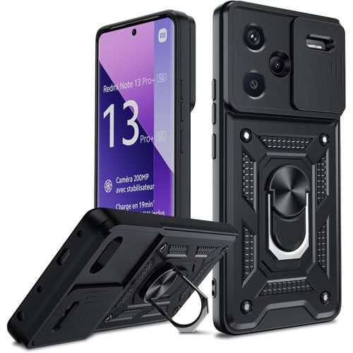 Coque Xiaomi Redmi Note 13 Pro Plus 5g (13 Pro+) - Protection Totale Caméra Coulissante, Pc Dur + Tpu Silicone Antichoc Anti-Rayures Avec Anneau Métallique Magnétique - Noir