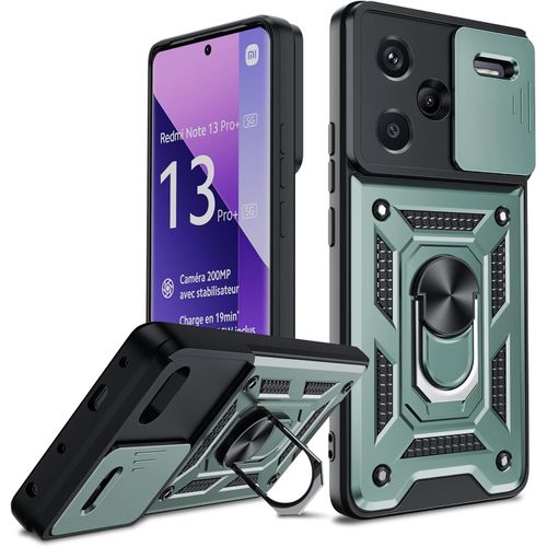 Coque Pour Xiaomi Redmi Note 13 Pro Plus 5g ¿ Cache Caméra Coulissant, Anneau Rotatif 360° Aimantable, Bumper Tpu+Pc Antichoc, Vert
