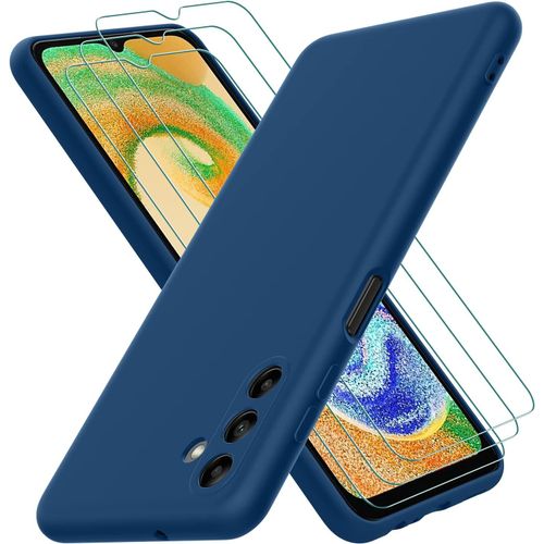 Coque Samsung Galaxy A13 5g / A04s - Silicone Liquide Soft-Touch Bleue + 3 Verres Trempés, Protection Anti-Chocs, Intérieur Microfibre