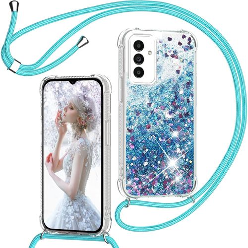 Coque Compatible Samsung Galaxy A13 5g / A04s - Silicone Transparent Pailleté Liquide Avec Lanière Réglable, Protection Anti-Choc Bords Surélevés Bleu