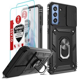 Coque Samsung Galaxy S21 Fe (Uniquement S21 Fe) + 2 Verres Trempés - Bumper Armure Rigide Antichoc Niveau Militaire, Protection Caméra, Anneau 360° Support Magnétique, Noir