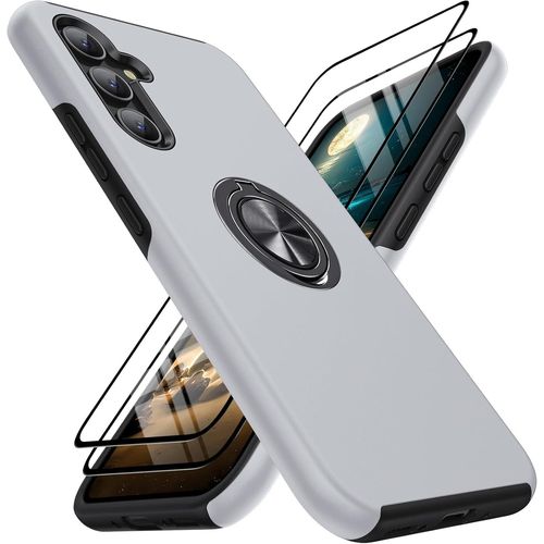 Coque Samsung Galaxy A54 5G (TPU+PC) + 2 verres trempés, antichoc, anneau rotatif 360° et compatible support magnétique - Argent