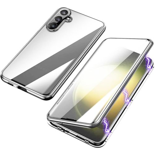 Coque Adsorption Magnétique Pour Samsung Galaxy S24 Fe - Cadre Aluminium 360° + Verre Trempé 9h Avant/Arrière, Protection Caméra, Transparente Gris