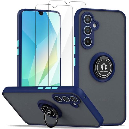 Coque Samsung Galaxy A16 5g Bleu Royal Avec Bague Support + 2 Films Verre Trempé 9h - Pc+Tpu Antichoc Anti-Rayures