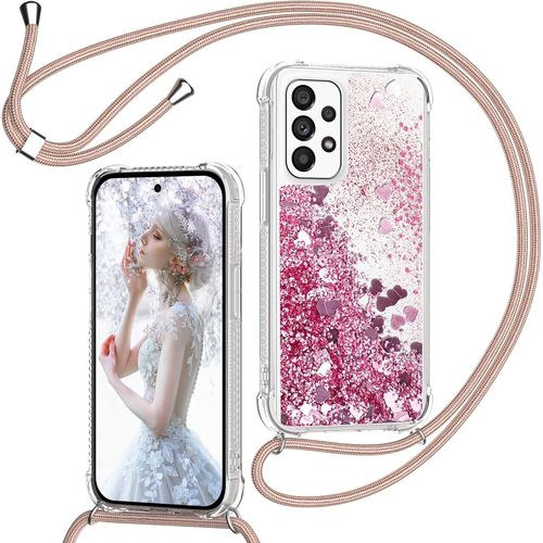 TRAHOO-Coque pour Samsung Galaxy A53 5G avec Cordon, Paillette Liquide Étui pour Téléphone avec Lanière, Transparent Silicone Collier Réglable Protection Housse Portable Lanyard Case, Rose