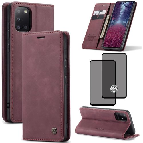 Coque Samsung Galaxy A31 Rouge - Étui Portefeuille Cuir Pu Avec Emplacements Cartes, Fermeture Magnétique, Bumper Tpu, Support Repliable + Verre Trempé Hd