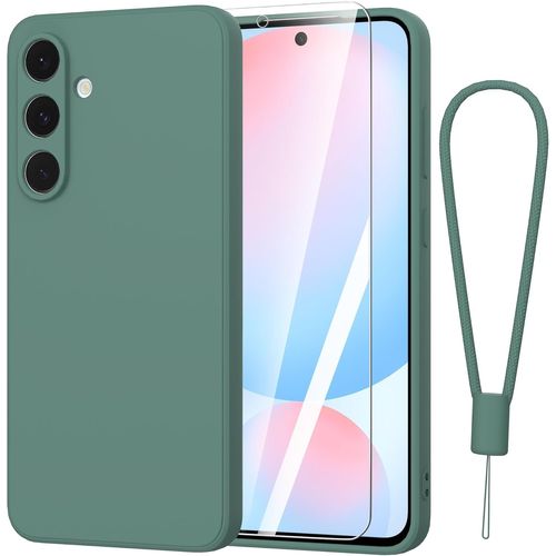 Coque Tpu Silicone Souple Mince + Verre Trempé Et Cordon Pour Samsung Galaxy S24 Fe 5g (6,7'') - Protection 360° Anti-Rayures Vert Foncé