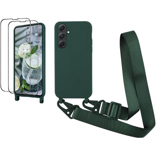 Coque Avec Cordon Pour Samsung Galaxy S24 Fe 5g,Coque De Cellulaire Corde Silicone Étui Avec 2 Pièces Protections D'écran Avec Réglable Collier Téléphone Chaîne Lanyard Housse,Vert Foncé