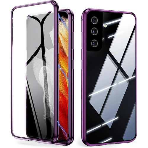 Coque Samsung Galaxy S24 5G - Protection 360° à Fixation Magnétique, Cadre Métal Anti-choc + Double Verre Trempé Transparent, Bumper Violet