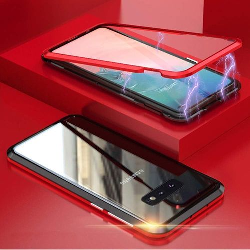 Coque 360° Magnétique Pour Samsung Galaxy S10e - Cadre Aluminium Métal & Dos Verre Trempé 9h Antichoc Transparent (Rouge)
