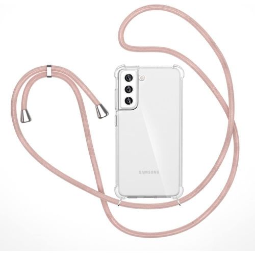 SPWA-Collier pour Samsung Galaxy S22 5G Coque, Etui avec Cordon - Tour de Cou Lanière en Corde - Transparente Silicone Housse avec Cordage Lanyard Case, Or Rose
