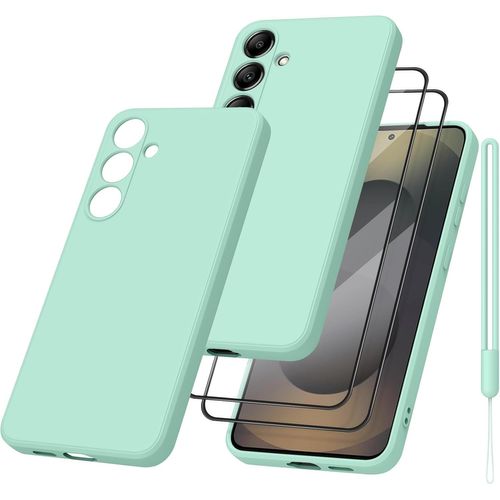 Coque Silicone Compatible Samsung Galaxy S25+ 5g + 2 Verres Trempés, Doublure Microfibre, Protection Anti-Rayures ¿ Cyan Clair