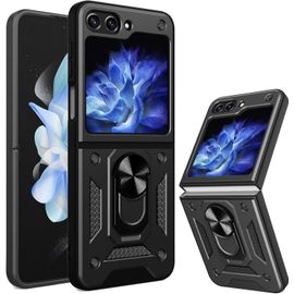 Coque Samsung Galaxy Z Flip 5 (5G) - Protection caméra coulissante, anneau-support, antichoc niveau militaire, anti-rayures - Noir