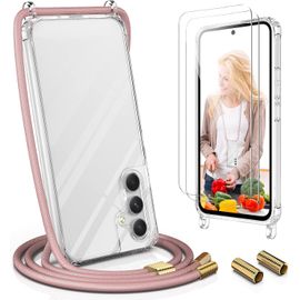 TRAHOO-Coque avec Cordon pour Samsung Galaxy A34 5G,Coque Transparente Silicone TPU Étui Housse avec Réglable Lanyard Collier,Protection Complète Cover de Samsung Galaxy A34,Rose Or