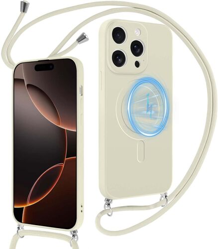 SJZG-Magnétique Coque Pour Iphone 16 Pro Avec Cordon De Collier,Étui Compatible Avec Magsafe,Housse Liquide Silicone Réglable Lanyard Case,Blanc