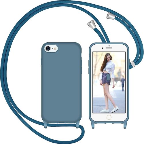 Coque Silicone Liquide Fine Pour Iphone 7/8/Se 2020 (4,7 Pouces) Avec Cordon Tour De Cou Réglable ¿ Bleu