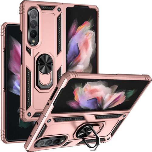 TRAHOO-Coque Samsung Galaxy Z Fold 3 5G Etui magnétique Support Armure Robuste Antichoc Silicone TPU 360 degré Cas de téléphone de Voiture Bumper-Or Rose