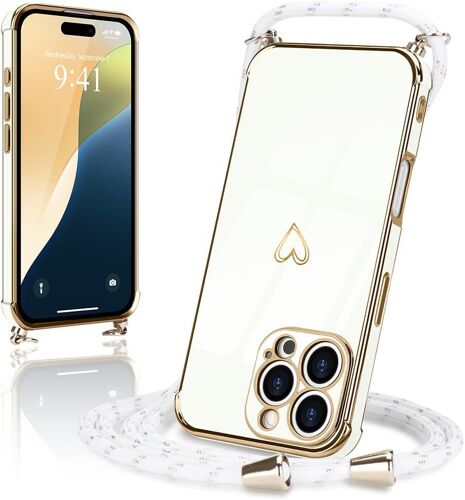 Coque Pour Iphone 16 Pro Max Avec Collier Réglable En Silicone Avec Motif Coeur D'amour Mignon Etui Housse Avec Cordon Tour De Cou Lanière En Corde Pour Iphone 16 Pro Max (Blanc)