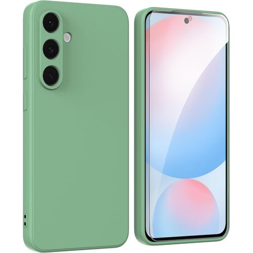 Coque Tpu Liquide Verte + Film Verre Trempé Pour Samsung Galaxy S24 Fe 5g (6,7"") ¿ Housse Souple Antichoc, Anti-Jaunissement, Protection Caméra & Écran