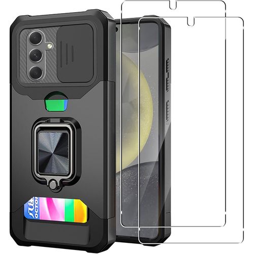 Coque Samsung Galaxy S25/S24 Antichoc Heavy Duty + 2 Verres Trempés, Bumper Renforcé, Cache Appareil Photo Coulissant, Anneau Rotatif 360° & Support Magnétique, Porte¿Cartes, Noir