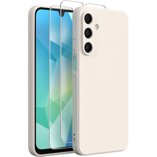Pack Coque Silicone Liquide Blanche Compatible Samsung Galaxy A16 5G + 2 Verres Trempés, Intérieur Microfibre, Protection Antichoc 360° et Caméra Surélevée