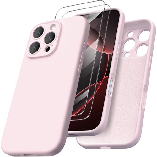 JGD-Coque pour iPhone 16 Pro, Housse Silicone avec 2 Verres Trempés, Étui Fine Compatible avec iPhone 16 Pro 6,3 Pouces, Case Souple Protection Complète, Cover Slim Fine (Rose)