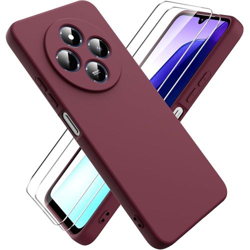 Pack Coque Silicone Ultra¿Mince Bordeaux Pour Xiaomi Redmi 14c / Poco C75 + 2 Protections D¿Écran En Verre Trempé ¿ Antichoc, Toucher Soyeux