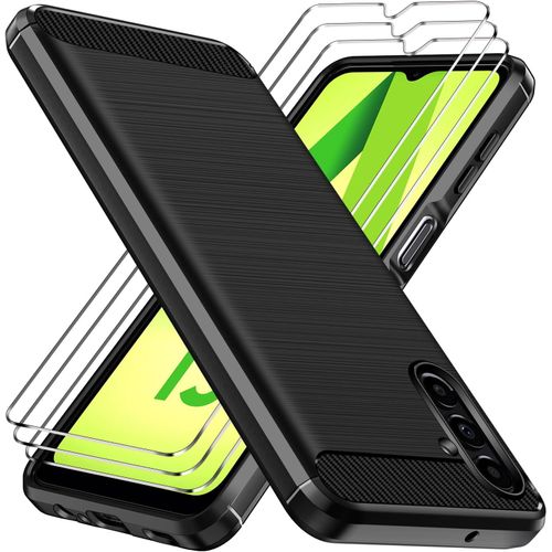 Coque Silicone Tpu Fine Antichoc + 3 Verres Trempés 9h Pour Samsung Galaxy A13 5g / A04s (Pas Pour A13 4g) ¿ Protection Niveau Militaire, Bords Surélevés Écran/Caméra, Effet Carbone, Noir