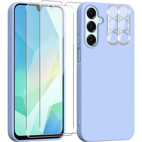 Coque Silicone Souple Violette Pour Samsung Galaxy A16 5g/4g - Lot 2 Vitres Verre Trempé + 2 Protections Objectif Caméra, Antichoc Et Tactile Hd