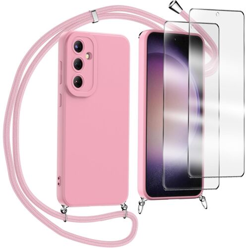 Coque Collier Pour Samsung Galaxy A55 5g,Avec Verre Trempé Protection Écran Silicone Tpu Housse Étui De Téléphone Avec Cordon Collier Tour De Cou Lanière Pour Samsung Galaxy A55 5g, Rose