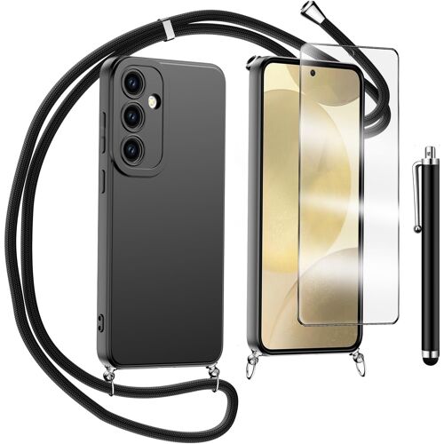 Coque Collier Pour Samsung Galaxy S24, Avec Verre Trempé Protection Écran Silicone Tpu Housse Étui De Téléphone Avec Cordon Collier Tour De Cou Lanière Pour Samsung Galaxy S24 5g, Noir