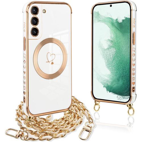 Coque Silicone Aimantée Compatible Magsafe Pour Samsung Galaxy S22+ (5g) Avec Cordon Tour De Cou, Motif C?ur Scintillant - Blanc Doré