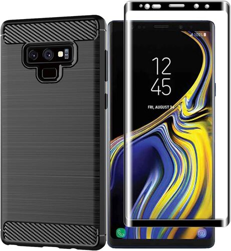 JGD-Coque Samsung Galaxy Note 9 Noir[Lot de 1+1] X1 Screen ProtectorDureté 9H Anti Rayures sans BullesSilicone Housse Etui Anti-Rayures Fibre de Carbone Coque de Protection Compatible