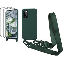TRAHOO-Coque avec Cordon pour Samsung Galaxy S20 FE 4G/5G, Coque de Cellulaire Corde Silicone Étui avec 2 Protections d'écran avec Réglable Collier Téléphone Chaîne Lanyard Case Housse, Vert foncé