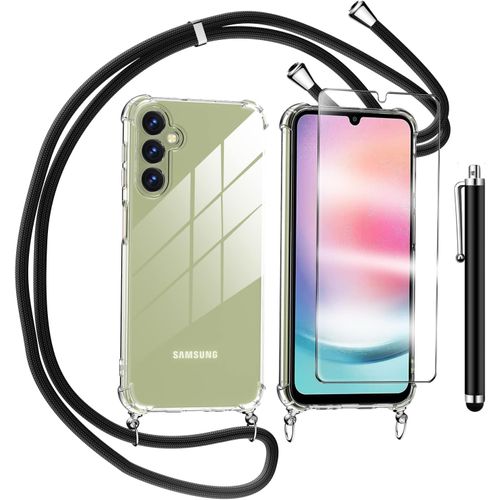 Coque Silicone Souple Transparente Pour Samsung Galaxy A24 4g + Verre Trempé Protecteur D'écran, Cordon Réglable Tour De Cou Antichoc, Noir