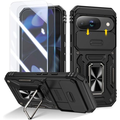 Cauc-Coque Pour Google Pixel 9 / Google Pixel 9 Pro, 2 Protecteurs D'écran, Et Anneau Béquille, [ 360° Protection Militaire ] Protection Coulissante Caméra (Noir)