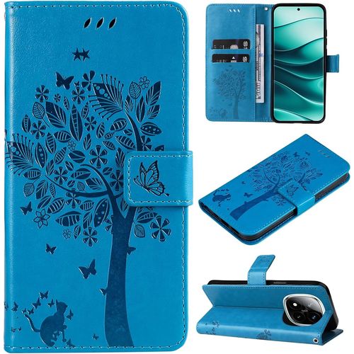 Coque Portefeuille pour Xiaomi Redmi Note 14 Pro 5G / Note 14 Pro Plus 5G / Poco X7 ¿ Étui Flip en Simili Cuir Magnétique, Motif Chat et Arbres, 2 Fentes Cartes + Porte¿monnaie Intégré, Support Main¿libre